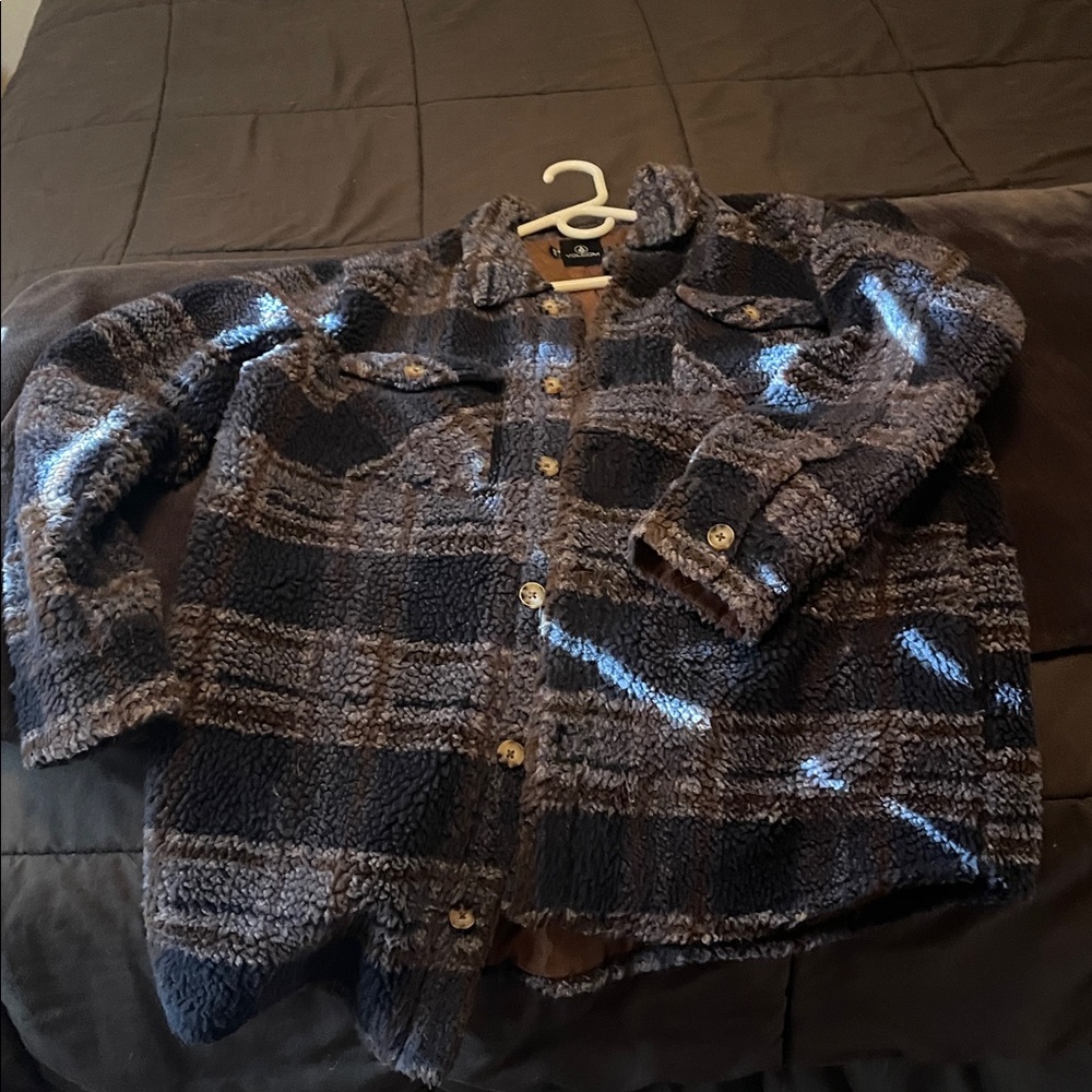 Volcom Two-Tone Sherpa Coat in Brown and Charcoal